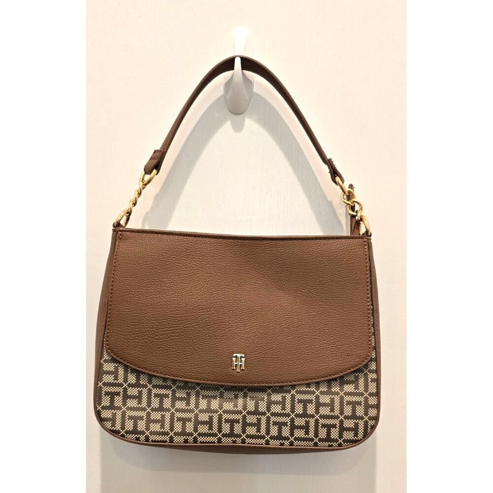 Tommy Hilfiger Monogram Tan & Brown Shoulder Bag With Gold Accents - Picture 1 of 9
